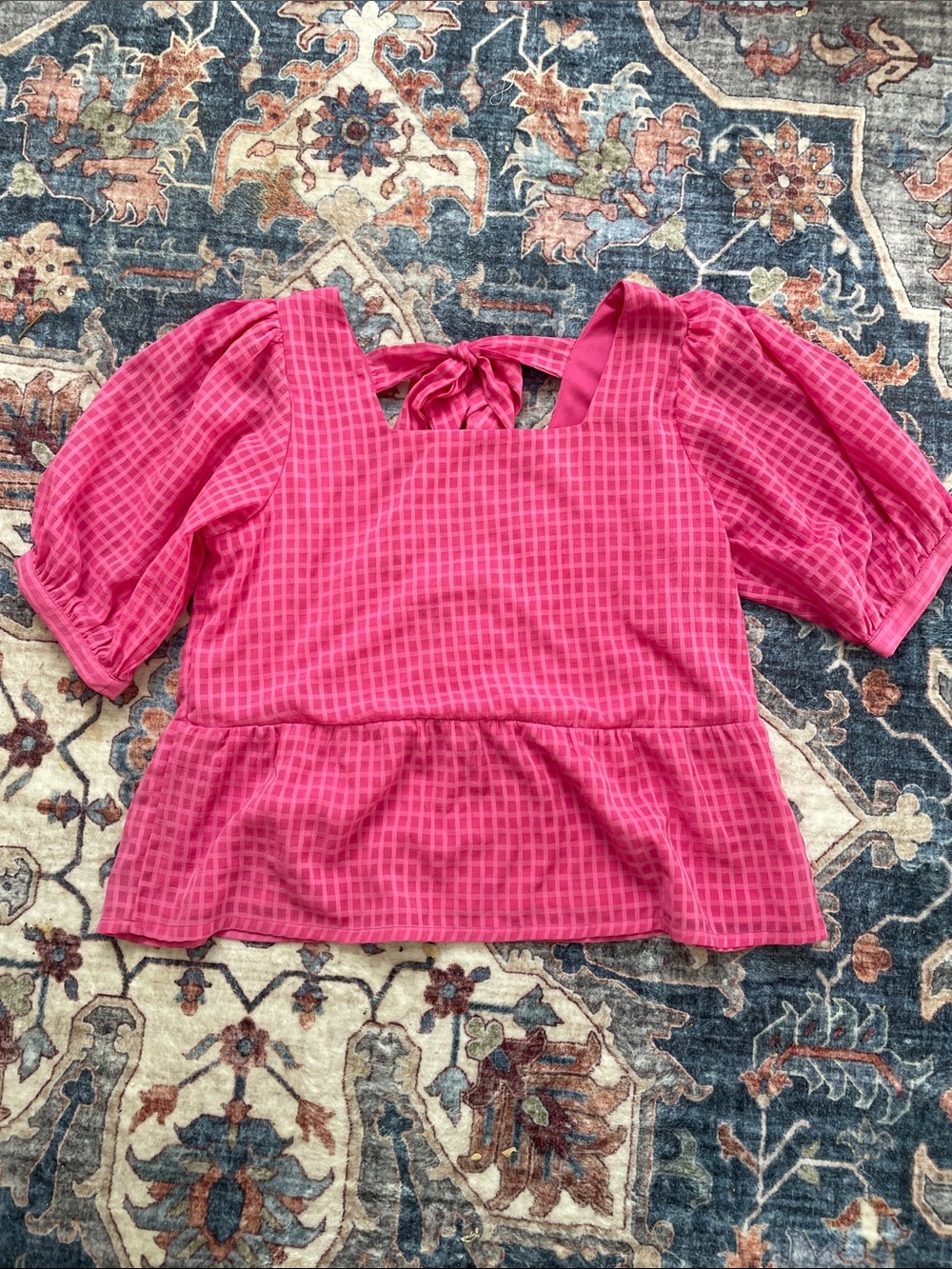 ICHI Bright Pink Puff Sleeve Peplum Top